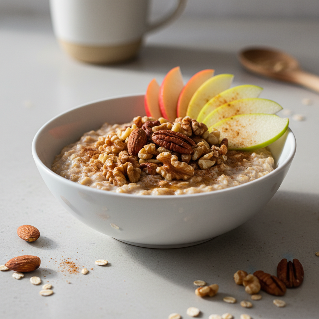 Avižiniai dribsniai su riešutais ir obuolių griežinėliais